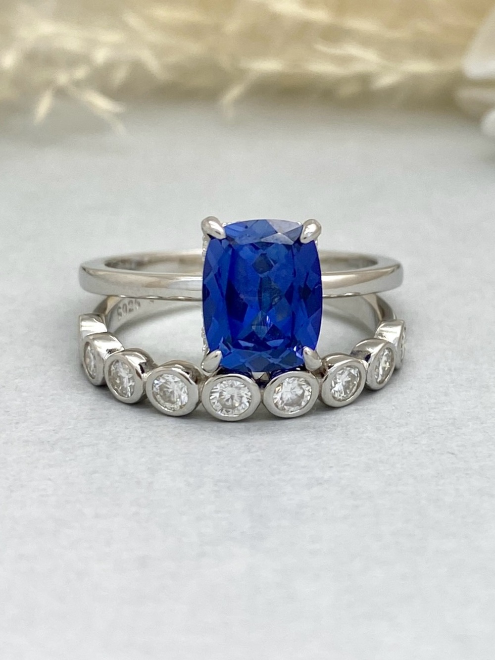 3Ct Cushion Blue Sapphire Moissanite Bezel Band 2pc Sterling Silver Ring Set
